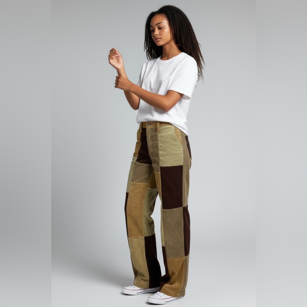 PACSUN Womens Brown Corduroy Patchwork Elastic Waist Straightleg Jeans  Small